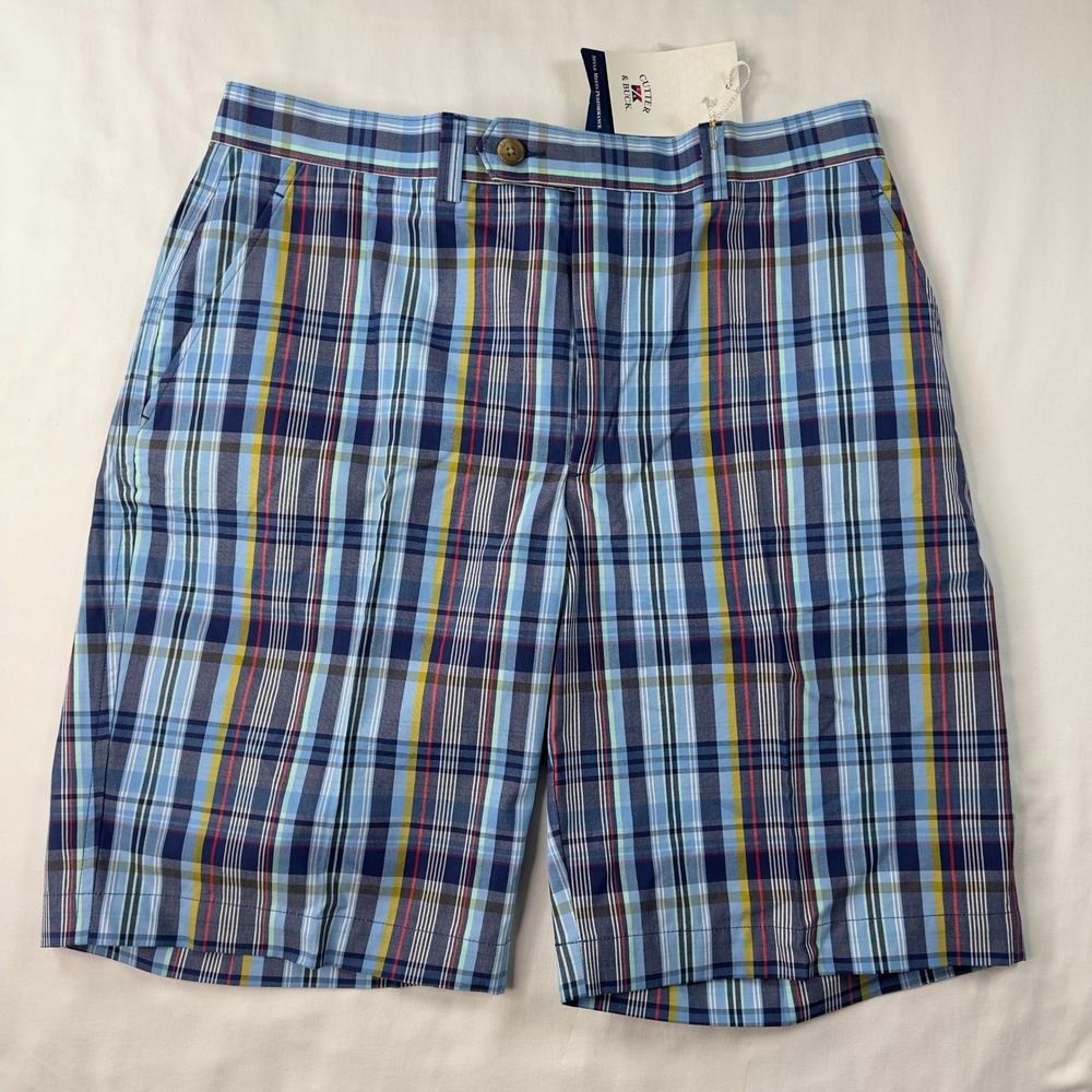 Cutter and Buck Shorts Men's 34 Lobster Print Blue Striped Flat Front Golf New